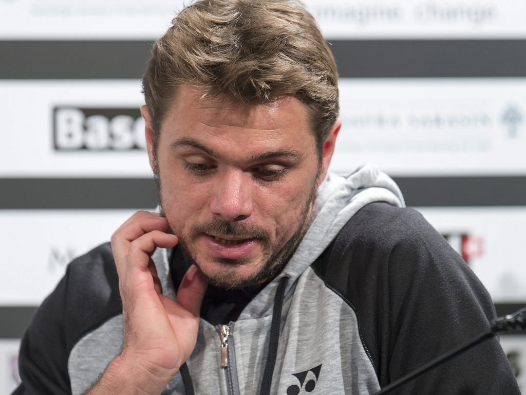 epa04996987 Switzerland's Stanislas Wawrinka speaks during a press conference on the occasion of the Swiss Indoors tennis tournament at the St. Jakobshalle in Basel, Switzerland, on Monday, October 26, 2015. EPA/GEORGIOS KEFALAS