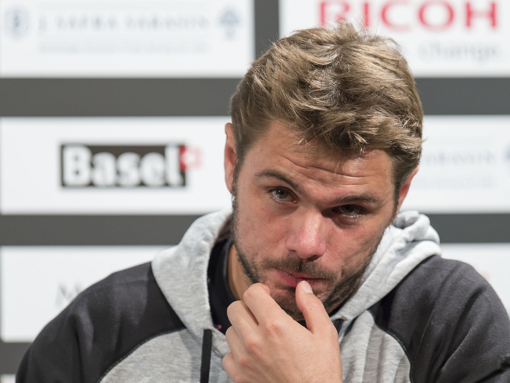 Switzerland's Stanislas Wawrinka speaks during a press conference on the occasion of the Swiss Indoors tennis tournament at the St. Jakobshalle in Basel, Switzerland, on Monday, October 26, 2015. (KEYSTONE/Georgios Kefalas)