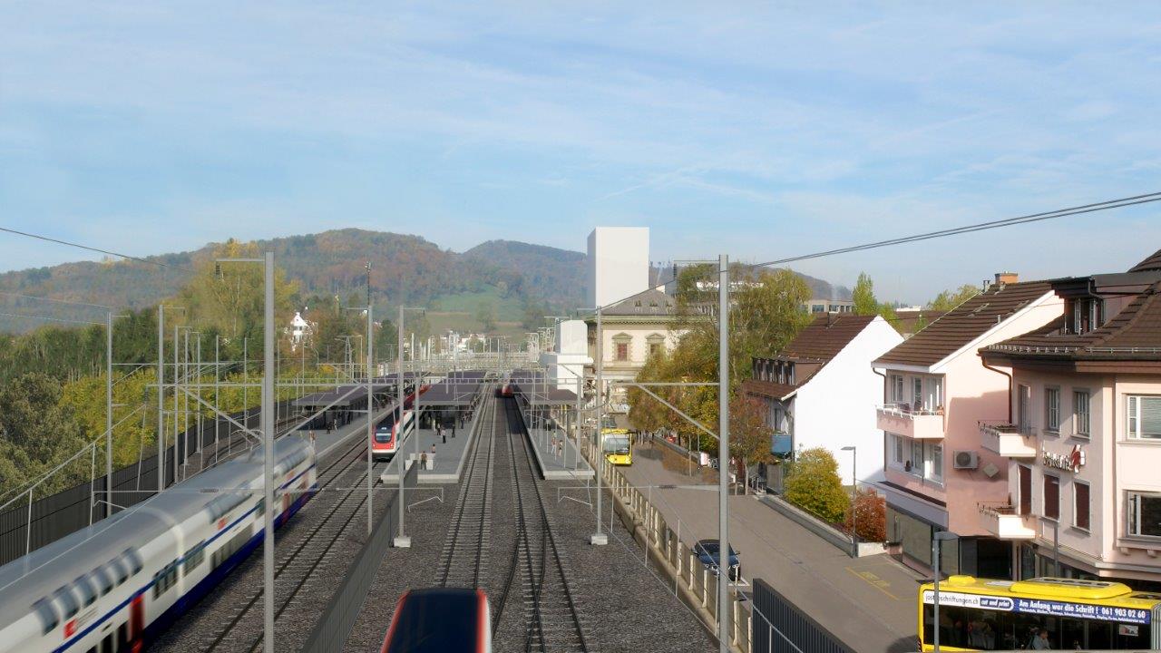 So soll sich der neue Bahnhof von der Schwieri-Passerelle aus präsentieren.