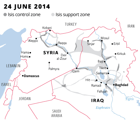 Ausdehnung des IS von Juni 2014 bis Juni 2015.
