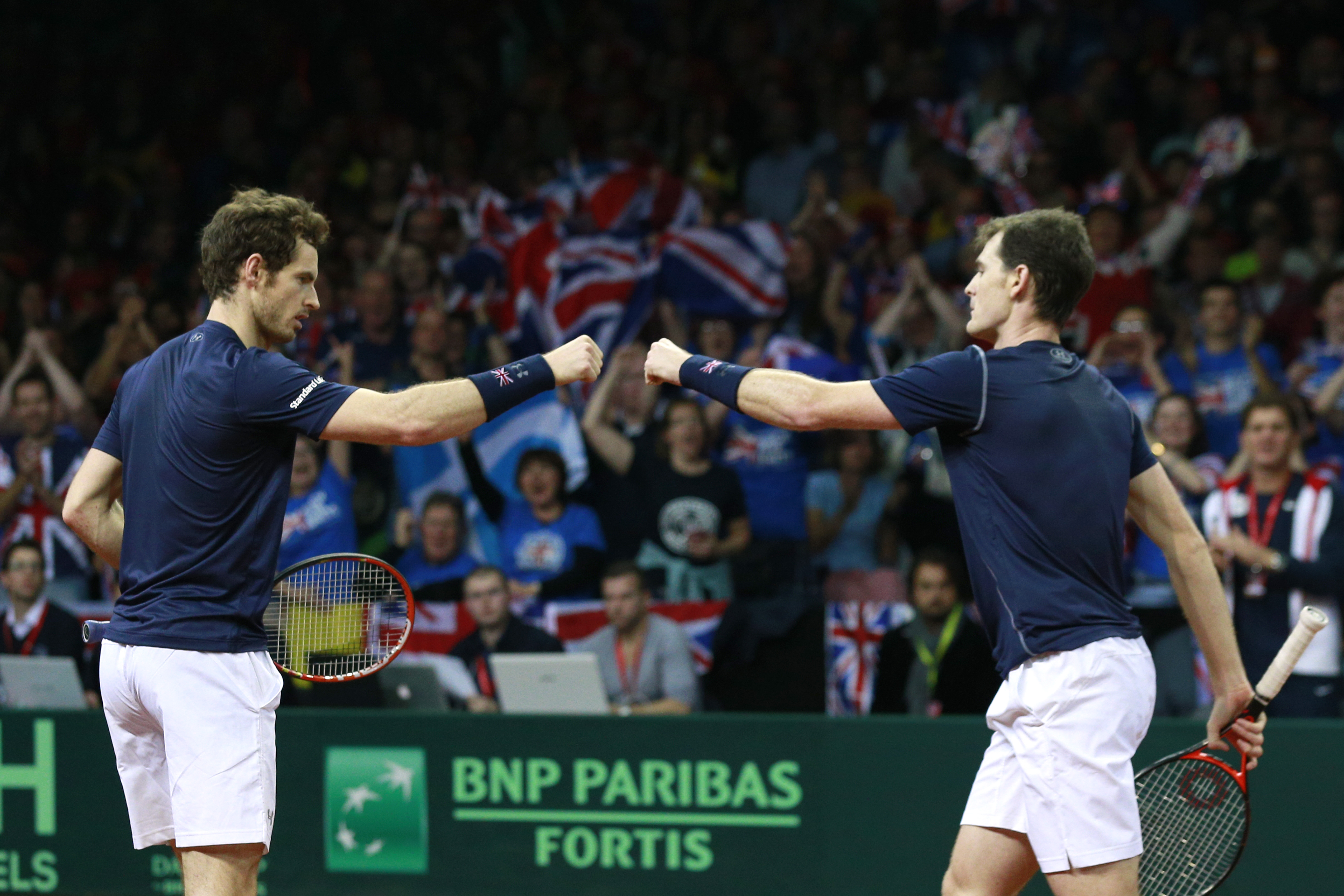Tennis - Belgium v Great Britain - Davis Cup Final - Flanders Expo, Ghent, Belgium - 28/11/15 Men's Doubles - Great Britain's Andy Murray and Jamie Murray celebrate during their match against Belgium's Steve Darcis and David Goffin Action Images via Reuters / Jason Cairnduff Livepic