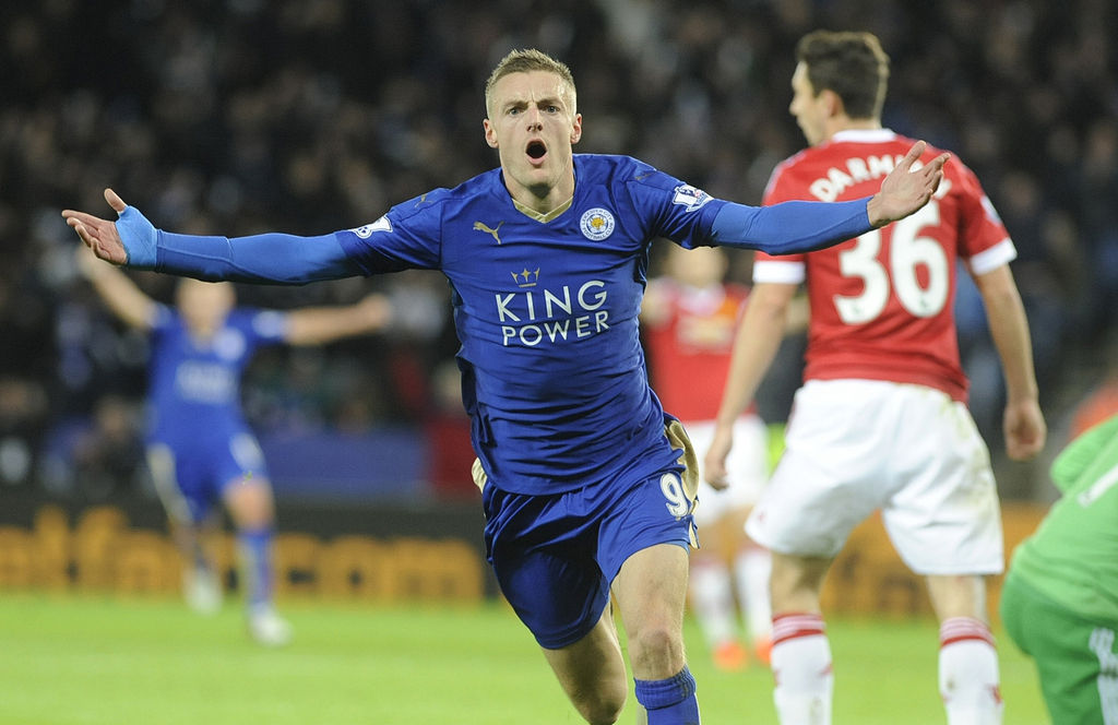 Leicester�s Jamie Vardy celebrates after scoring against Manchester United, his eleventh consecutive goal in the Premier League, during the English Premier League soccer match between Leicester City and Manchester United at the King Power Stadium, Leicester, England, Saturday, Nov. 28, 2015. Vardy becomes the first man to score in 11 consecutive English Premier League soccer matches after finding the back of the net against Manchester United today.(AP Photo/Rui Vieira)