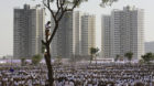 A volunteer of the Hindu nationalist organisation Rashtriya Swayamsevak Sangh (RSS) stands on a tree as others arrive to atte