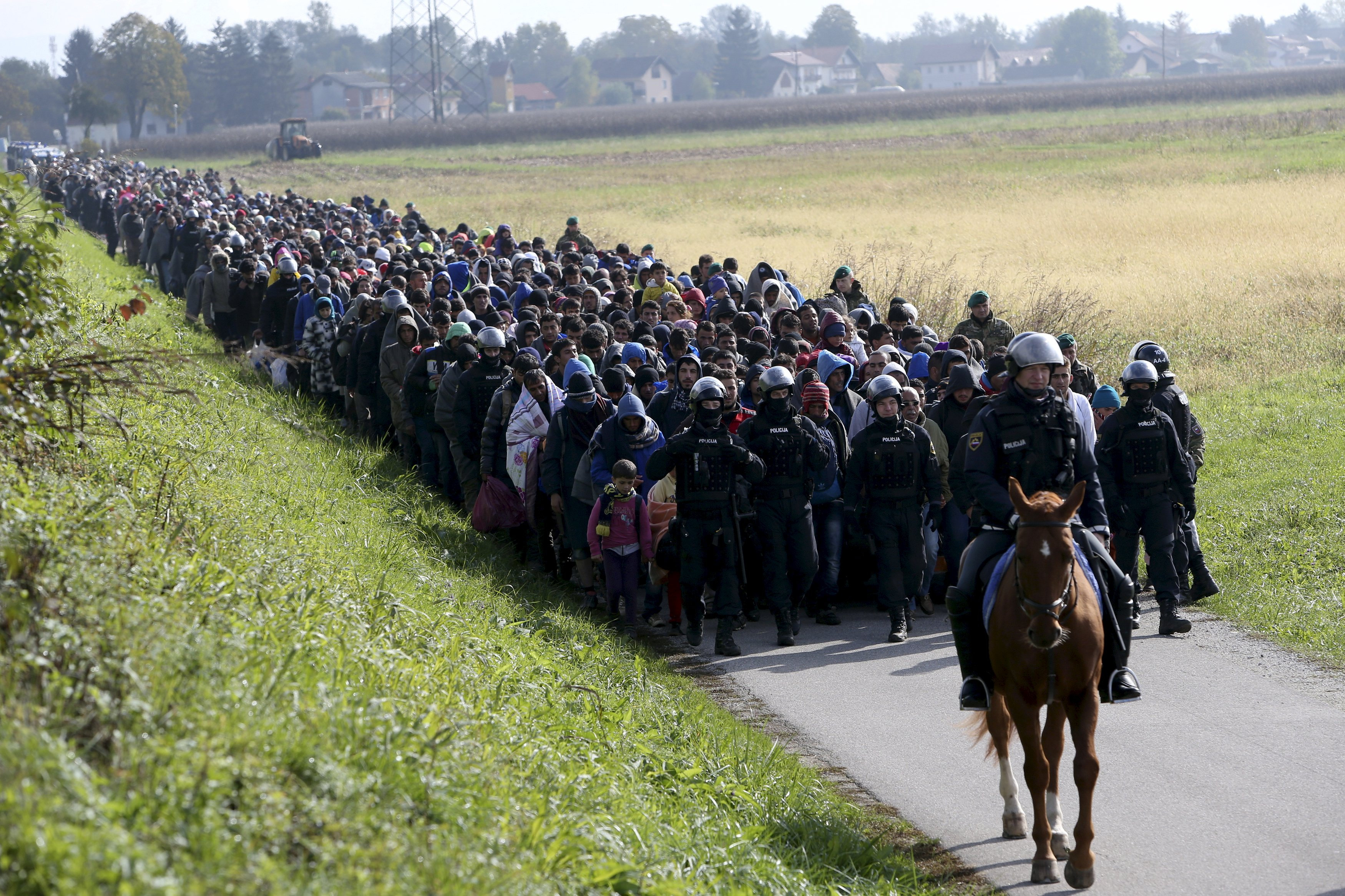 A mounted policeman leads a group of migrants near Dobova, Slovenia in this October 20, 2015 file photo. To match EUROPE-MIGRANTS/ECONOMY REUTERS/Srdjan Zivulovic/Files