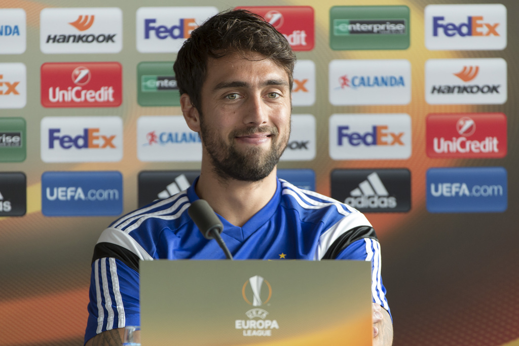 Matias Delgado, captain of Switzerland's soccer team FC Basel, smiles during a press conference in the St. Jakob-Park stadium in Basel, Switzerland, on Wednesday, February 24, 2016. Switzerland's FC Basel 1893 is scheduled to play against France's AS Saint-Etienne in an UEFA Europa League Round of 32 second leg soccer match on Thursday, February 25, 2016. (KEYSTONE/Georgios Kefalas)