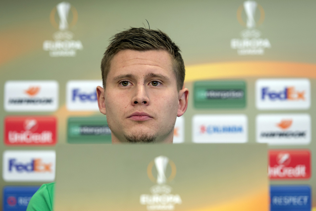 Franck Tabanou of France's soccer team AS Saint-Etienne speaks during a press conference in the St. Jakob-Park stadium in Basel, Switzerland, on Wednesday, February 24, 2016. France's AS Saint-Etienne is scheduled to play against Switzerland's FC Basel 1893 in an UEFA Europa League Round of 32 second leg soccer match on Thursday, February 25, 2016. (KEYSTONE/Georgios Kefalas)