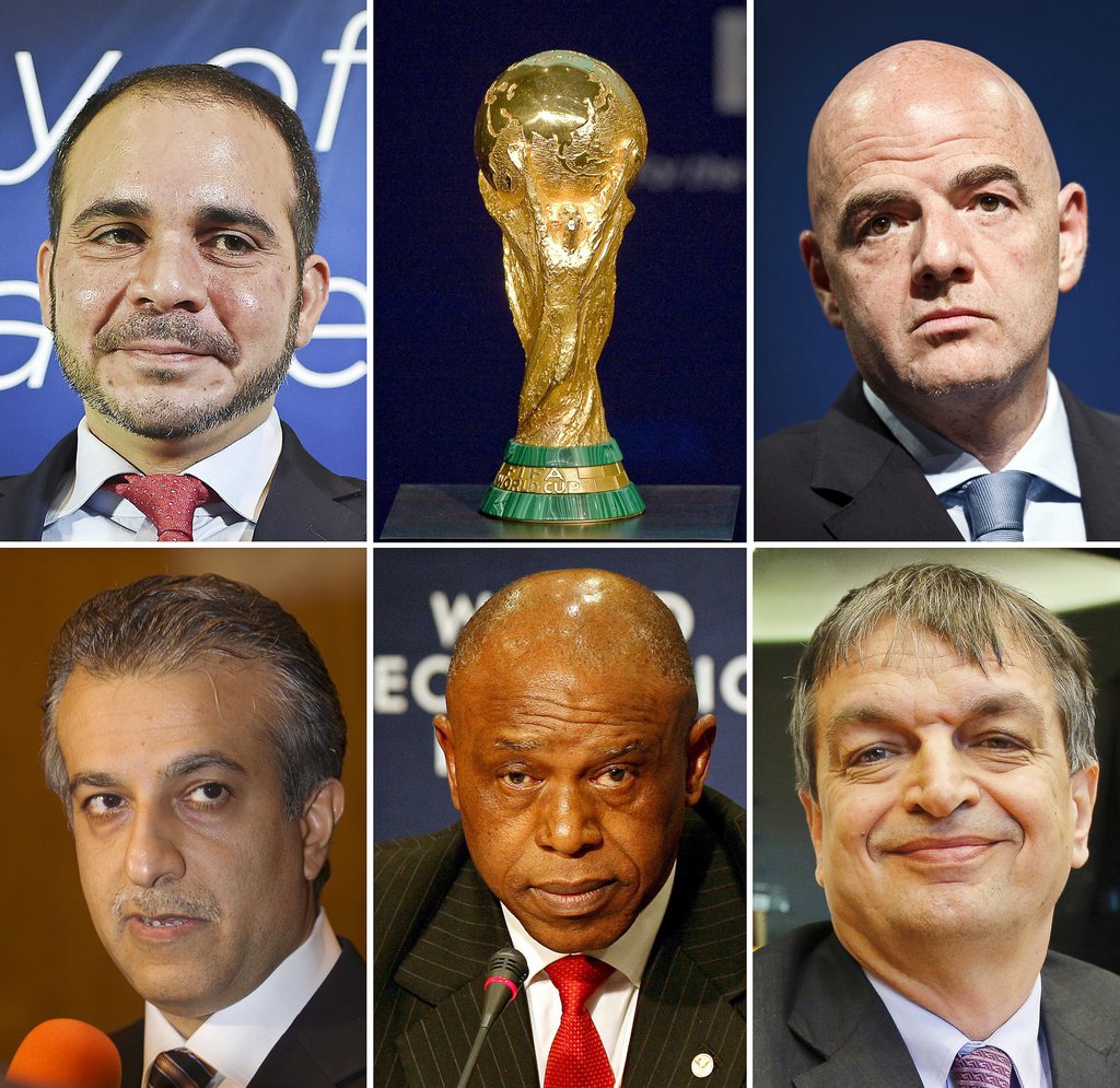 epa05178177 (FILE) A composite file picture of (from top left) President of the Jordan Football Association, Prince Ali Bin Al Hussein, UEFA General Secretary Gianni Infantino, President of the Asian Football Confederation, Sheikh Salman bin Ebrahim Al Khalifa, South African businessman Tokyo Sexwale, and former FIFA deputy Secretary General Jerome Champagne. The five candidates will run for football world governing body FIFA's presidency at an extraordinary FIFA Congress in Zurich, Switzerland on 26 February 2016. EPA/STF *** Local Caption *** 52377702