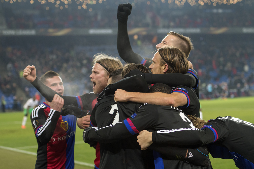 FC Basel's players cheeer after scoring during the UEFA Europa League Round of 32 second leg soccer match between Switzerland's FC Basel 1893 and France�s AS Saint-Etienne at the St. Jakob-Park stadium in Basel, Switzerland, on Thursday, February 25, 2016. (KEYSTONE/Georgios Kefalas)