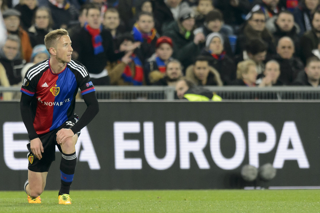 Basel's Marc Janko reacts during the UEFA Europa League Round of 16 first leg soccer match between Switzerland's FC Basel 1893 and Spain's Sevilla Futbol Club at the St. Jakob-Park stadium in Basel, Switzerland, on Thursday, March 10, 2016. (KEYSTONE/Laurent Gillieron)