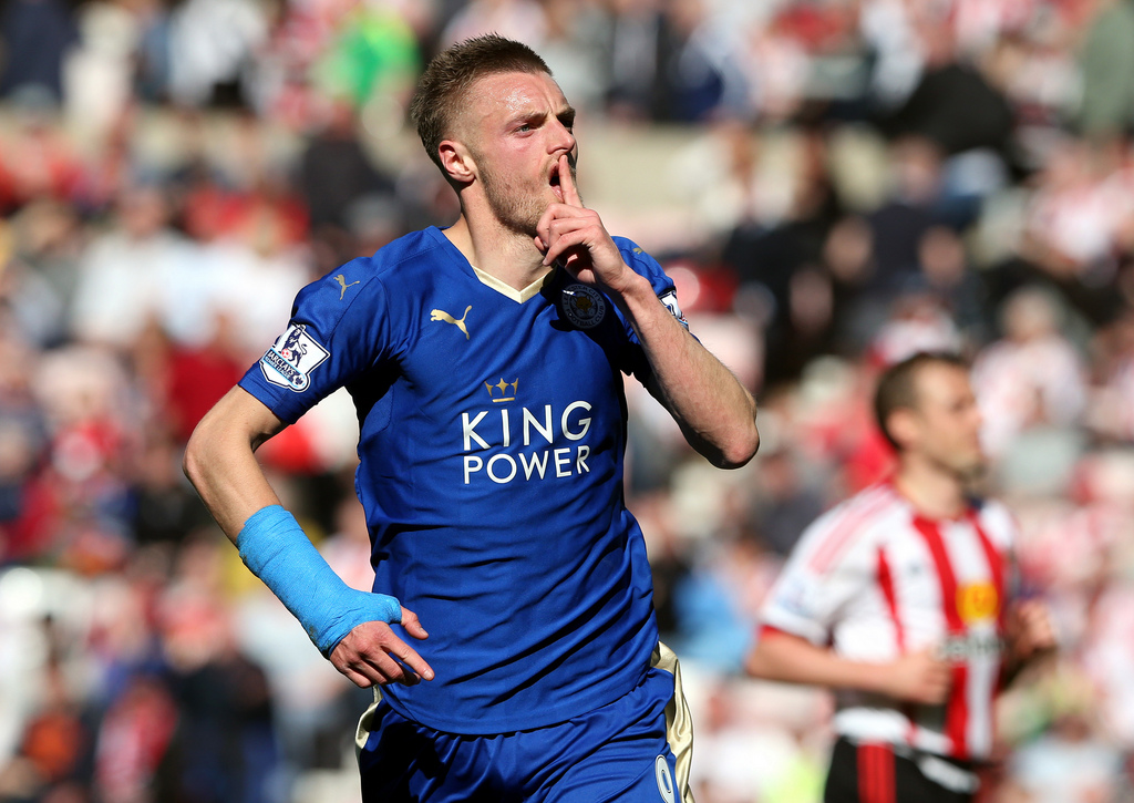 Leicester City's Jamie Vardy during the English Premier League soccer match between Sunderland and Leicester City at the Stadium of Light, Sunderland, England, Sunday, April 10, 2016. ()
