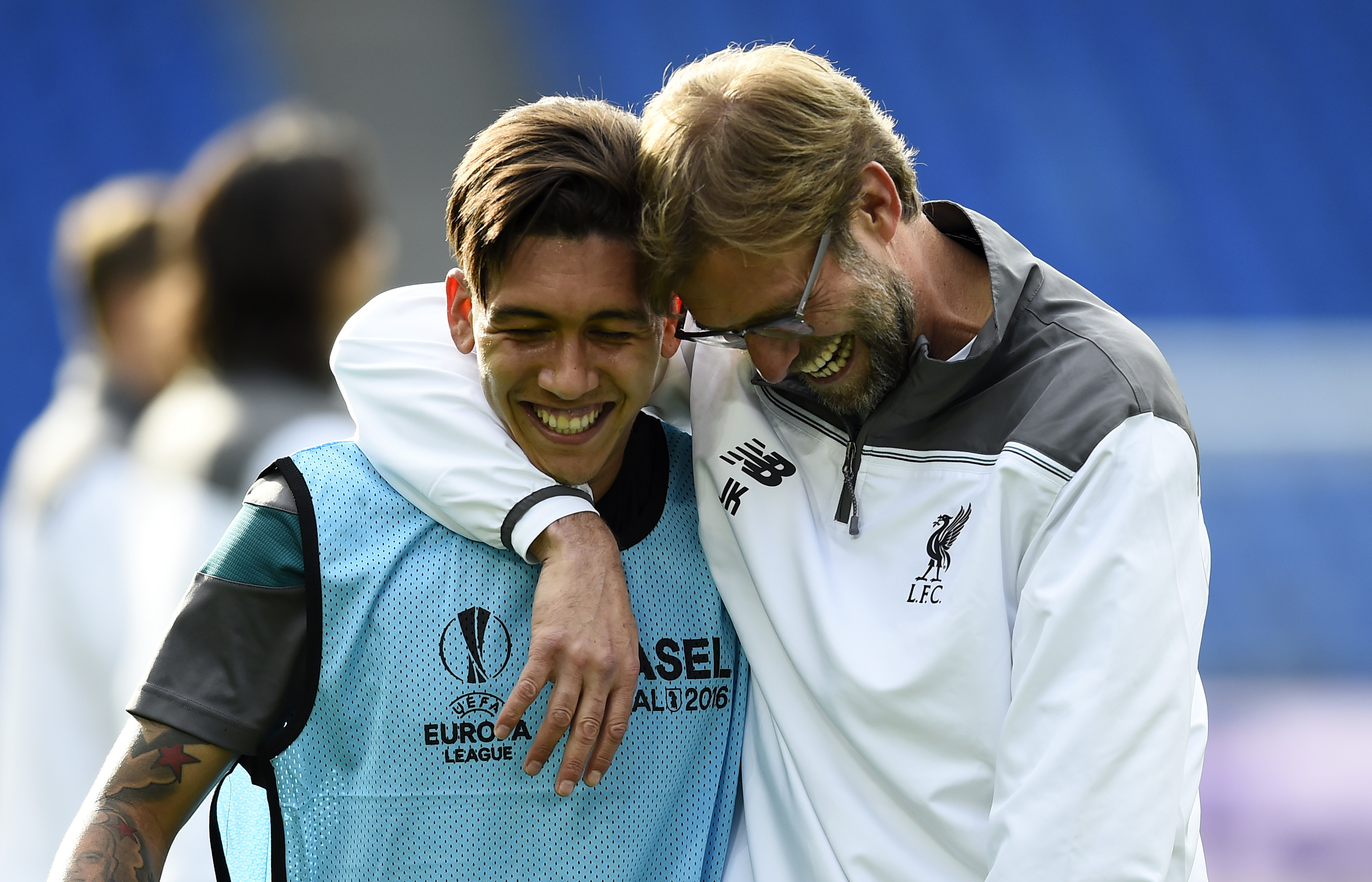 Football Soccer - Liverpool Training - St. Jakob-Park, Basel, Switzerland - 17/5/16 Liverpool manager Juergen Klopp with Roberto Firmino during training Reuters / Dylan Martinez Livepic EDITORIAL USE ONLY.