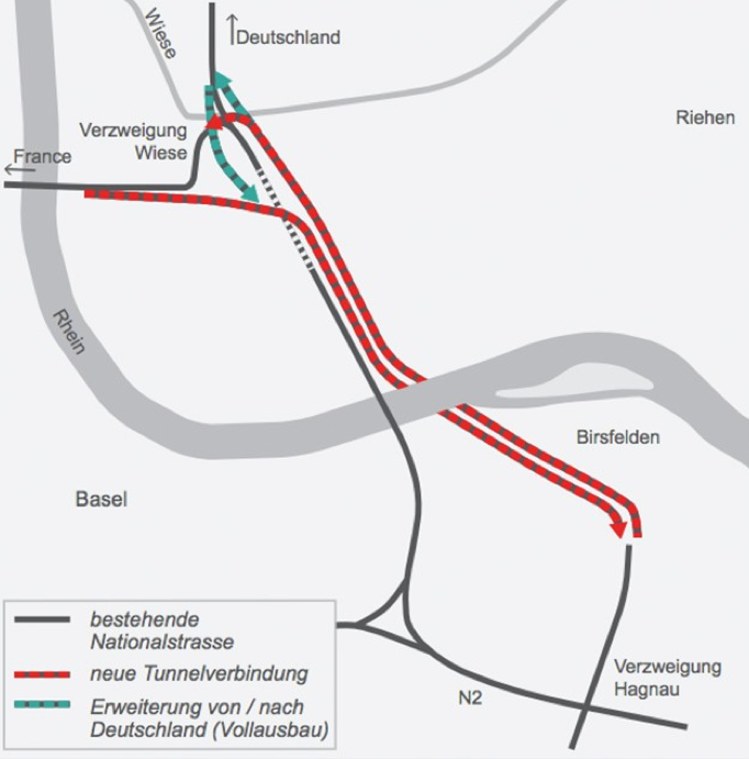 Der Bund will einen Autobahntunnel unter dem Rhein bauen, der von Birsfelden zur Dreirosenbrücke führt. 