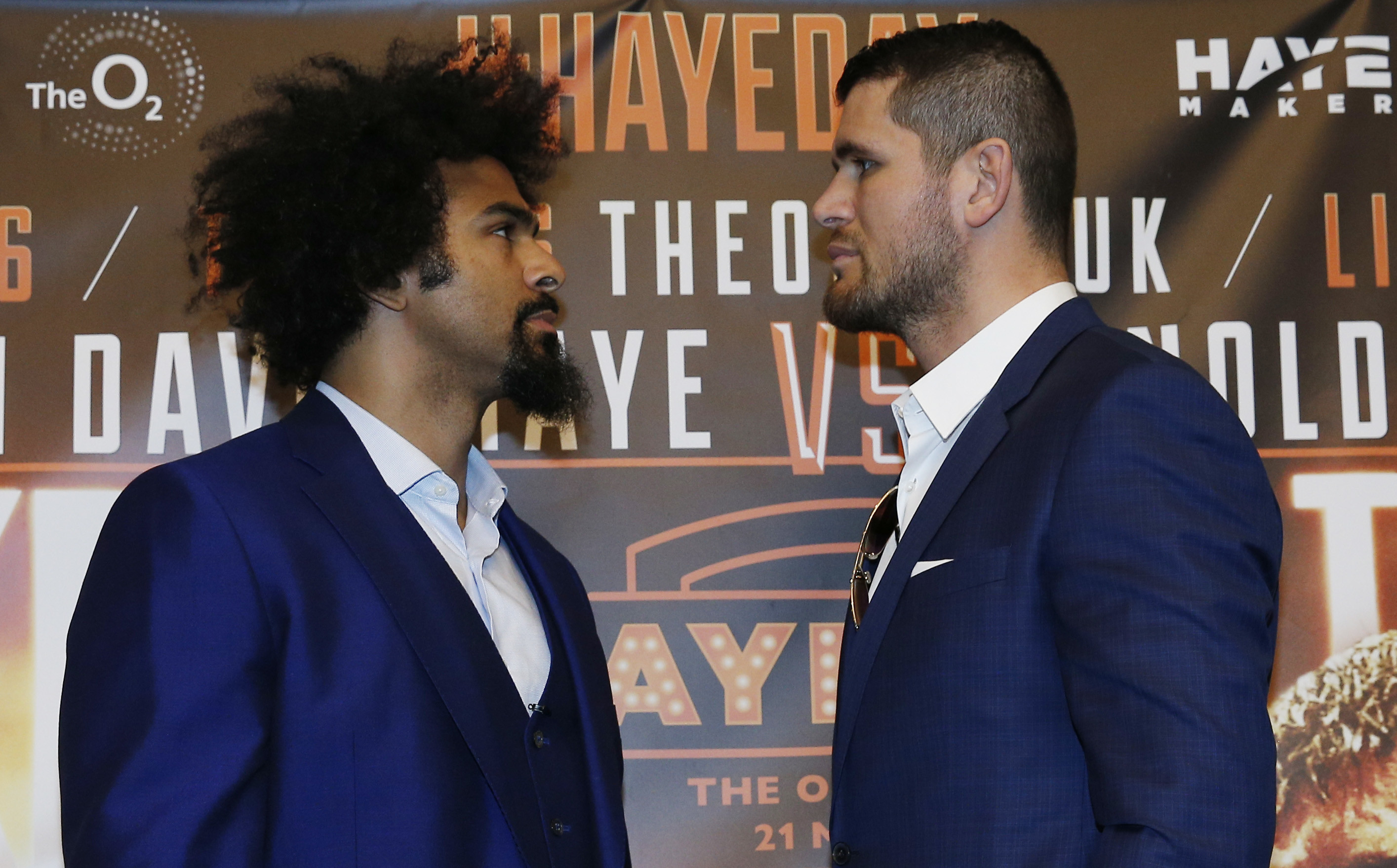 Boxing - David Haye Press Conference - Grosvenor House, Park Lane, London - 30/3/16 David Haye (L) and Arnold Gjergjaj go head to head after the press conference Action Images via Reuters / Andrew Couldridge Livepic EDITORIAL USE ONLY.