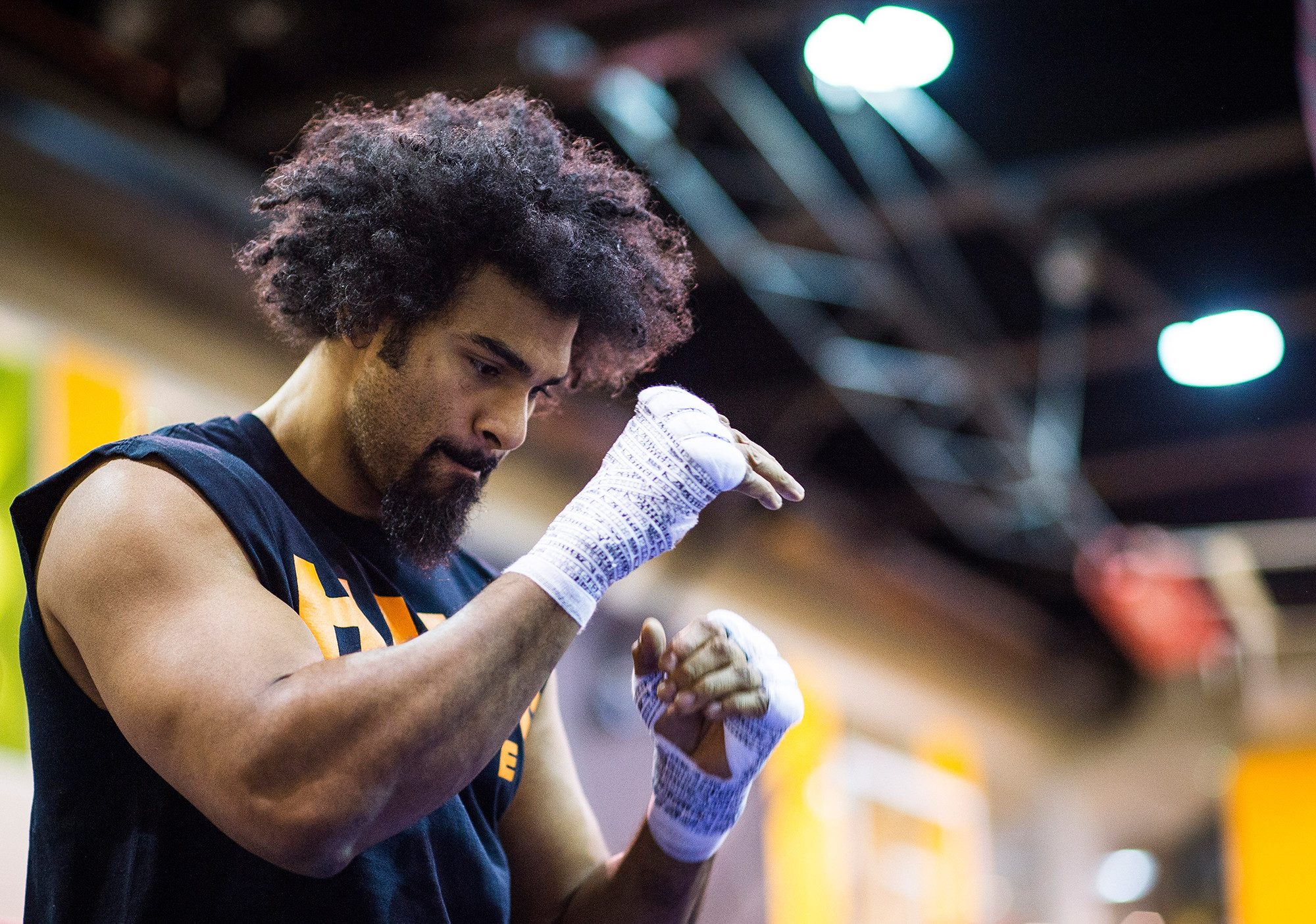 LONDON, ENGLAND - APRIL 12: David Haye takes part in a media work out at Canary Wharf on April 12, 2016 in London, England. Haye will face undefeated Arnold ëThe Cobraí Gjergjaj on Saturday May 21 at the 02 Arena in London. (Photo by Justin Setterfield/Getty Images)