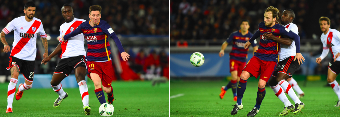 Im Final der Clubweltmeisterschaft 2015 spielt Eder Balanta mit River Plate gegen den FC Barcelona – seine Gegenspieler: Lionel Messi und der ehemalige Basler Ivan Rakitic.