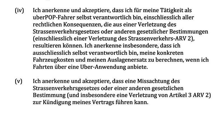 Ausschnitt aus einer Erklärung, die Schweizer UberPop-Fahrer laut Aussagen von Fahrern akzeptieren mussten.