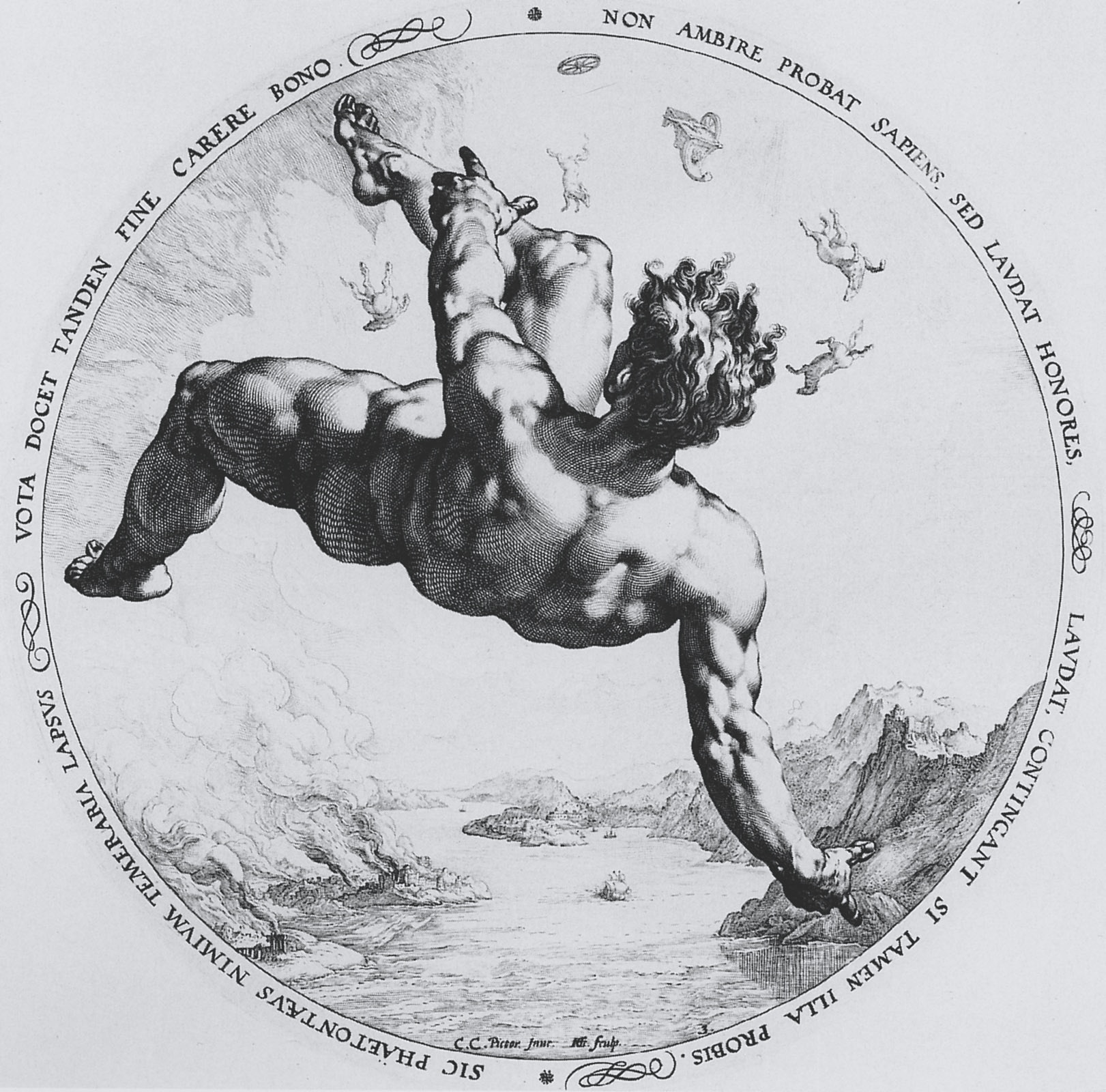 Phaeton, wie er vom Himmel fällt, in Kupfer gestochen von Hendrick Goltzius (1594).