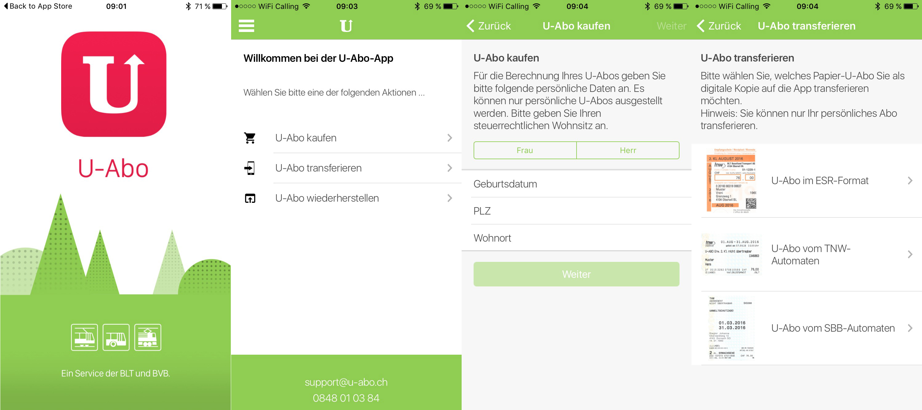 Vier Screenshots zeigen die Hauptfunktionen der U-Abo-App.