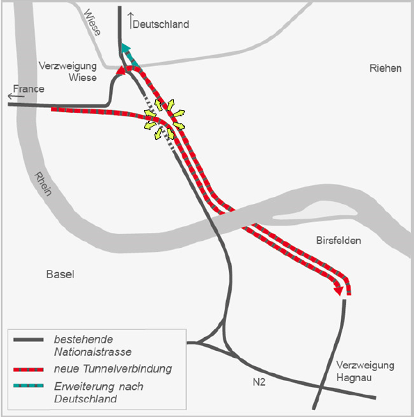 Wie sich der Kanton die Rheintunnel-Anbindung vorstellt: Nebst der Basisvariante des Bundes (rot) soll es eine Verbindung nach Deutschland (grün) geben. Eine von Norden nach Süden wird hingegen abgelehnt. Dafür sollen weitere Anbindungen in Kleinhüningen (gelb) ermöglicht werden.