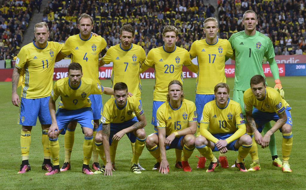 The Sweden team prior to the World Cup 2018 qualifying soccer match between Sweden and the Netherlands at the Friends Arena in Stockholm, Sweden, Tuesday Sept. 6, 2016. (Pontus Lundahl/TT via AP)