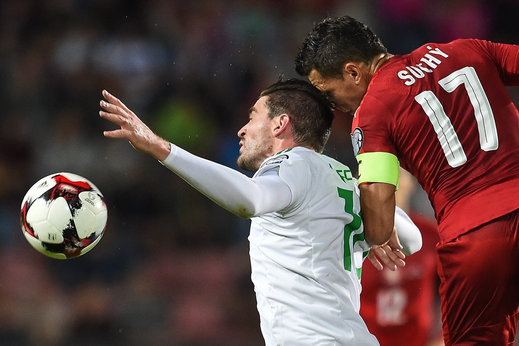 epa05524479 Marek Suchy of Czech Republic (R) in action against Kyle Lafferty of Northern Ireland (L) during the FIFA World Cup 2018 Group C qualifying soccer match Czech Republic vs Northern Ireland in Prague, Czech Republic, 04 September 2016. EPA/FILIP SINGER