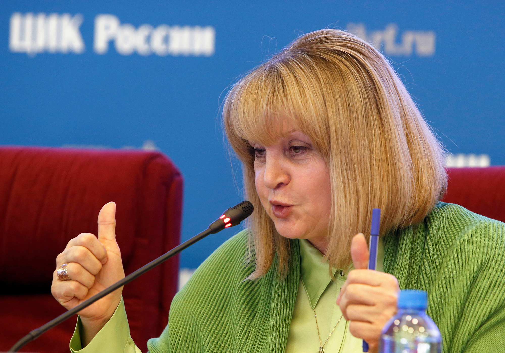 Head of Russia's Central Election Commission Ella Pamfilova gestures during a news conference on the preliminary results of a parliamentary election in Moscow, Russia, September 18, 2016. REUTERS/Sergei Karpukhin
