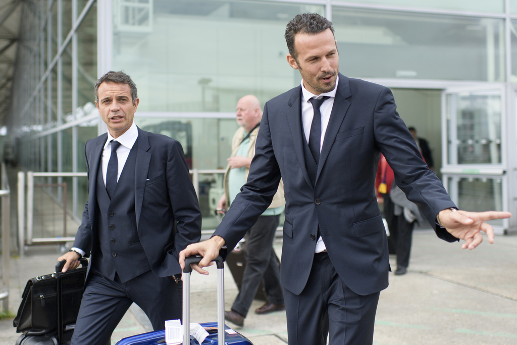 FC Basel's president Bernhard Heusler, left, and former player Marco Streller are pictured at the London Stansted Airport, on Tuesday, September 27, 2016, in London. FC Basel will face England's Arsenal FC on Wednesday, September 28, for an UEFA Champions League Group stage Group A matchday 2 soccer match. (KEYSTONE/Gian Ehrenzeller)