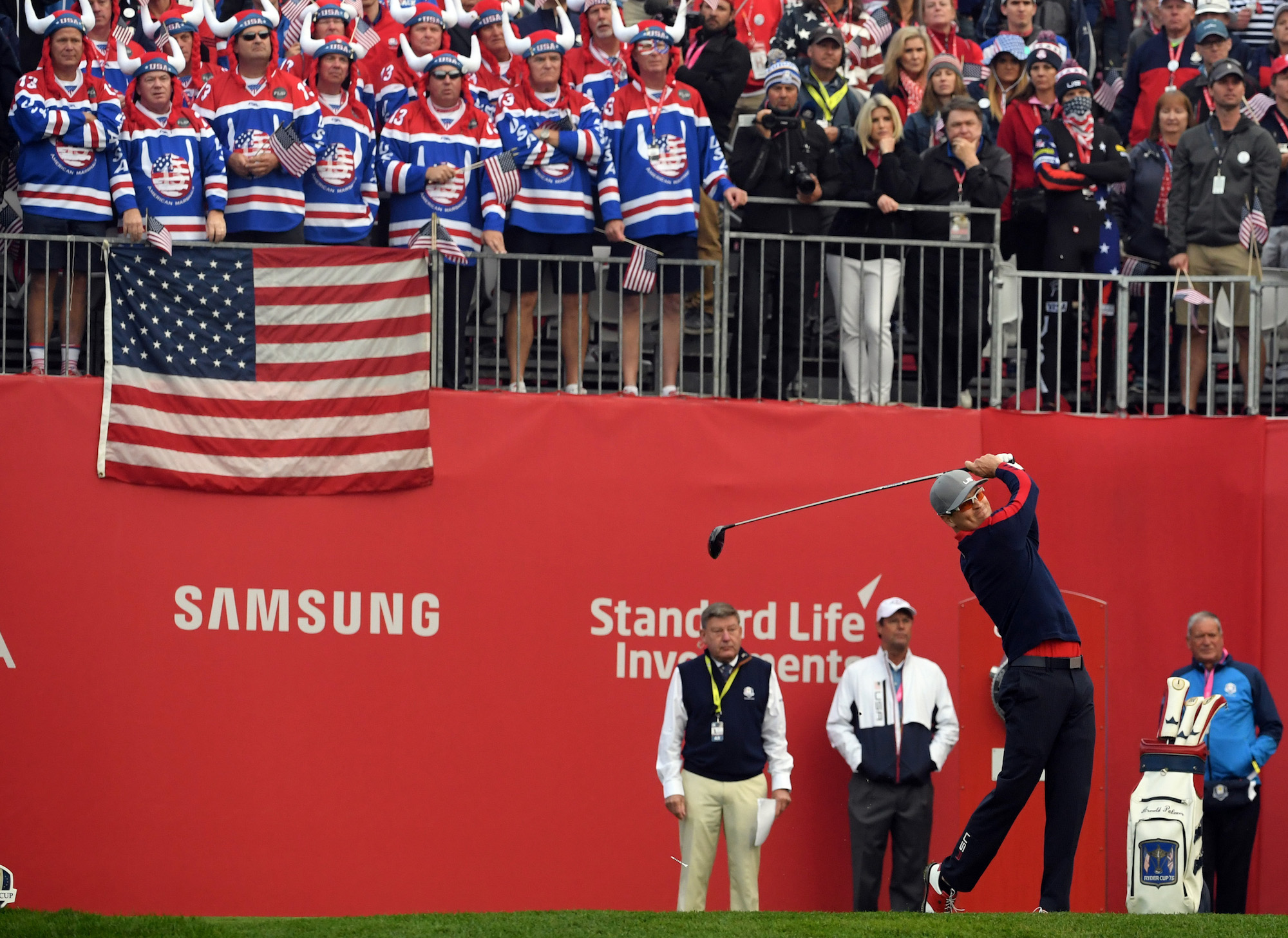 Sep 30, 2016; Chaska, MN, USA; Zach Johnson of the United States plays his shot from the first tee in the morning foursome matches during the 41st Ryder Cup at Hazeltine National Golf Club. Mandatory Credit: Michael Madrid-USA TODAY Sports