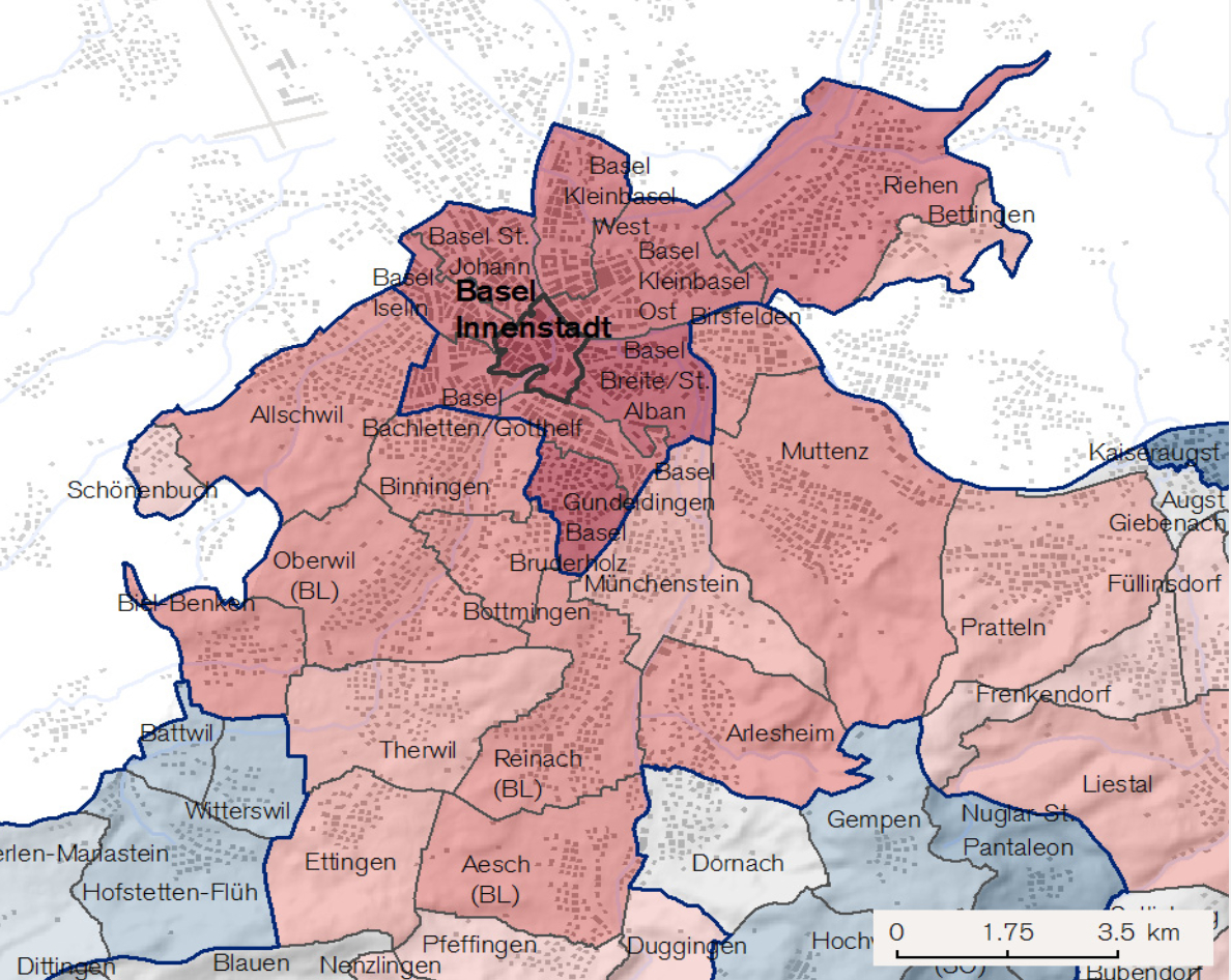 Die Region Basel im Detail: Je dunkler das Rot, umso teurer das Leben. Die umgekehrte Richtung zeigen die Blaufärbungen auf.