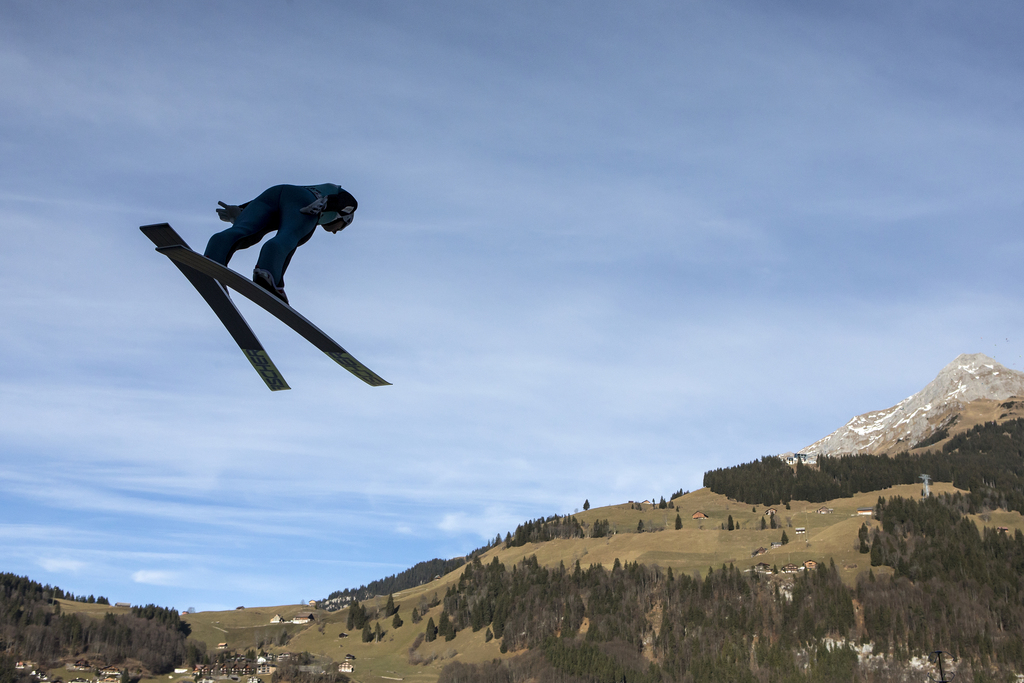 Simon Ammann of Switzerland jumps during the men's ski jumping FIS World Cup at the Titlisschanze in Engelberg, Switzerland, on Sunday, December 18, 2016. (KEYSTONE/Alexandra Wey)