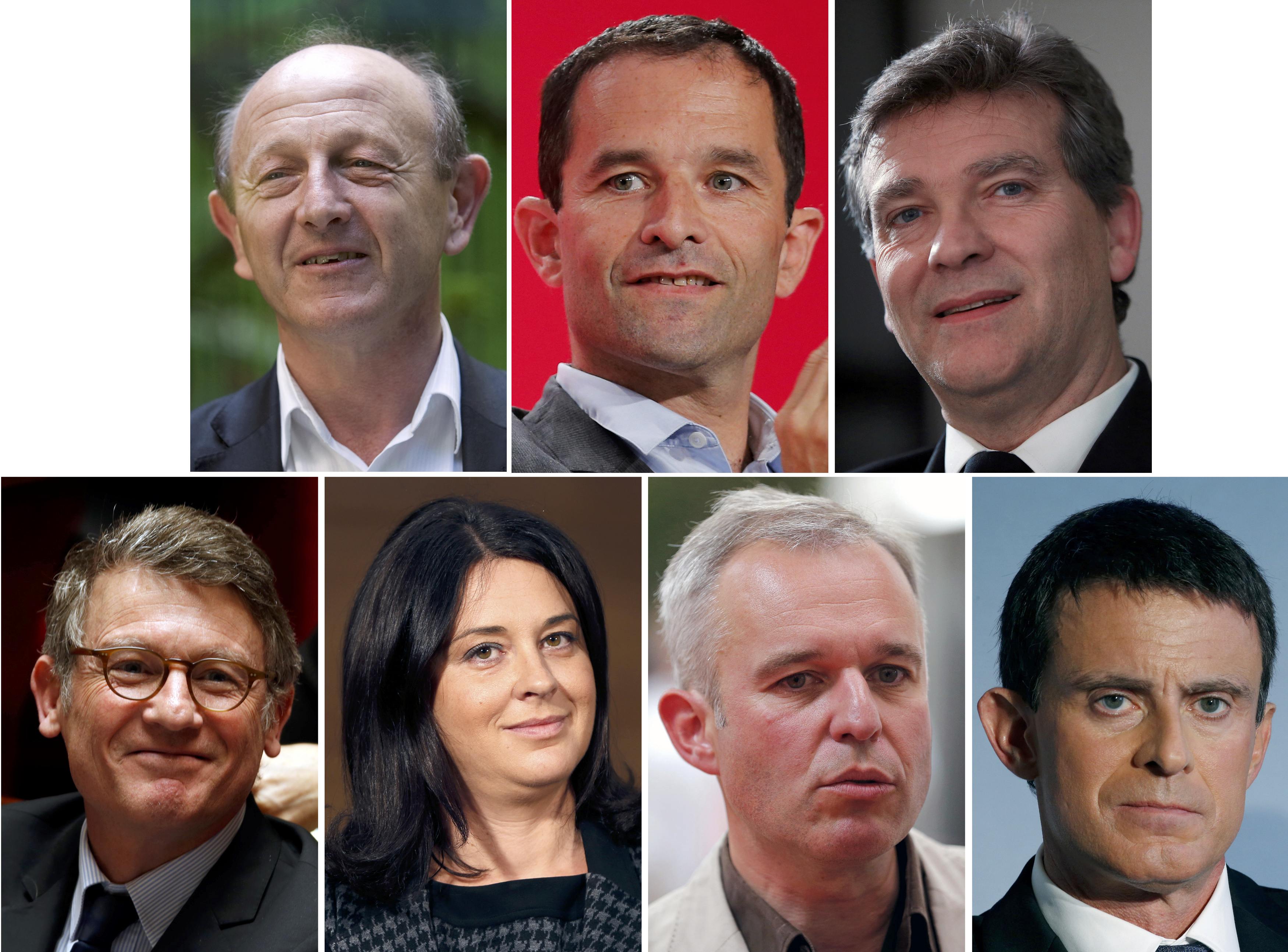 FILE PHOTO A combination picture shows portraits of French politicians, top row, L-R, Jean-Luc Bennahmias, Beonît Hamon , Arnaud Montebourg, bottom row, L-R, Vincent Peillon, Sylvia Pinel, Francois De Rugy, and Manuel Valls, all candidates on the eve of a first round vote for the French left's presidential primary, January 21, 2017 in Paris,France,. REUTERS/Staff/File Photo