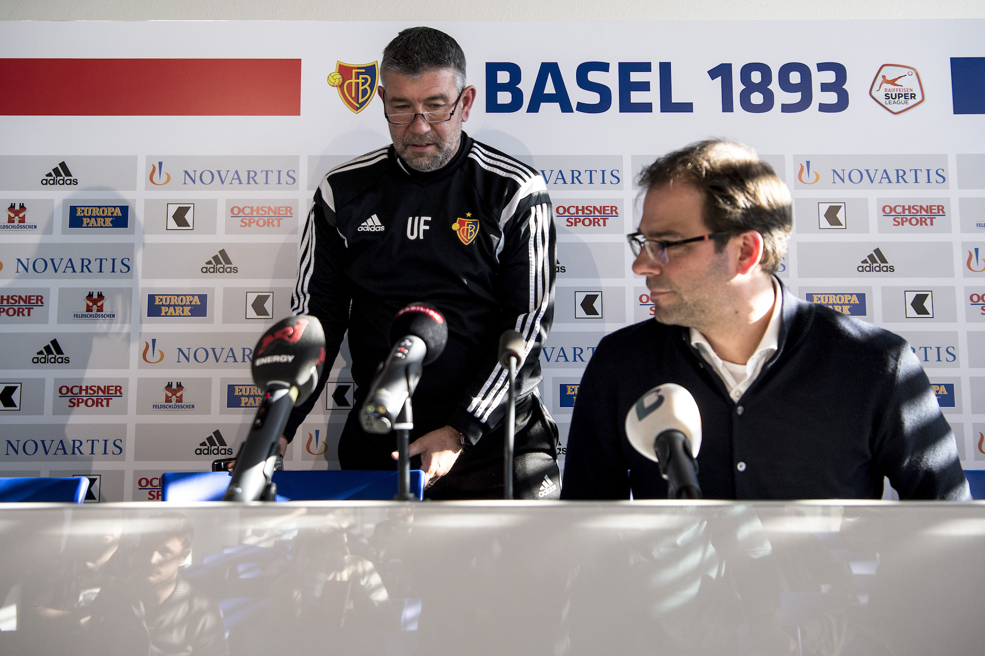 03.02.2017; Basel; Fussball Super League - FC Basel Medienkonferenz; Trainer Urs Fischer (Basel) und Georg Heitz Sportdirektor (Basel) (Urs Lindt/freshfocus)