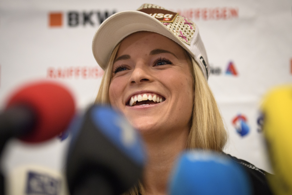 Lara Gut of Switzerland is pictured during a press conference during the 2017 FIS Alpine Skiing World Championships in St. Moritz, Switzerland, on Sunday, February 05, 2017. (KEYSTONE/Gian Ehrenzeller)