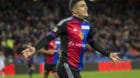 Der Basler Mohamed Elyounoussi jubelt ueber sein drittes Tor im Fussball Meisterschaftsspiel der Super League zwischen dem FC