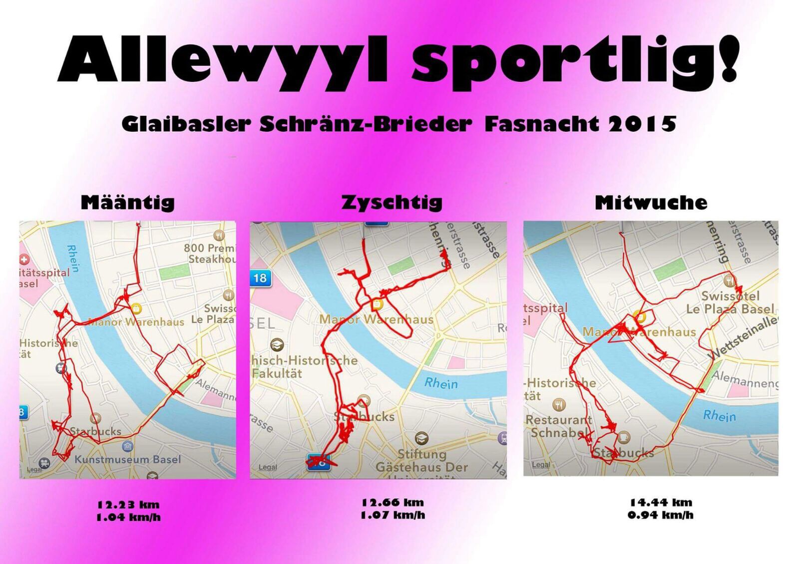 Auch dieses Jahr wollen sie Glaibasler Schränz-Brieder wieder tracken. Hier: Die Route an der Fasnacht 2015 mit einem vermeintlichen Bad im Rhein am Mittwoch.