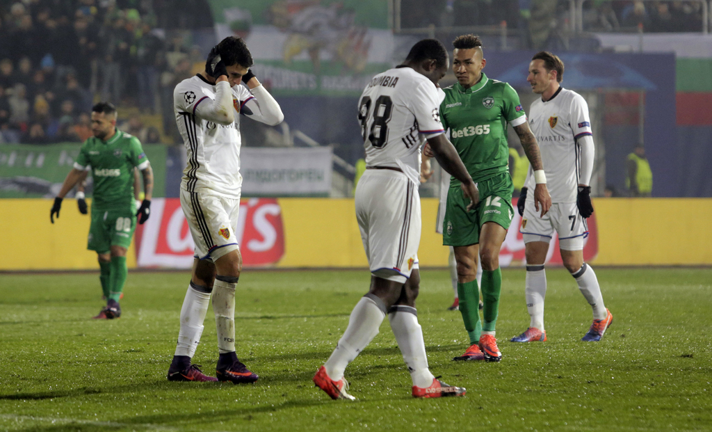 Basel's Mohamed Elyounoussi, second left, reacts after missing a chance to score against Ludogorets during the Champions League group A soccer match between Ludogorets and FC Basel 1893, at Vassil Levski stadium in Sofia, Bulgaria, Wednesday, Nov. 23, 2016. (AP Photo/Valentina Petrova)