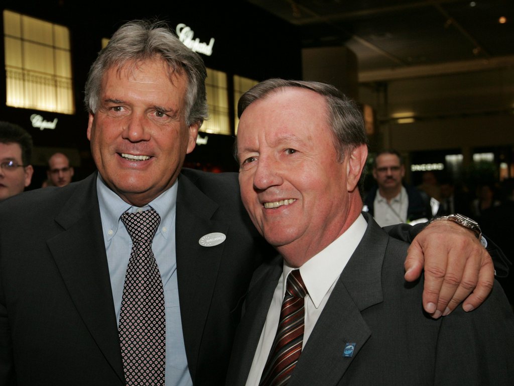 Rene C. Jaeggi, former president of the soccer club FC Basel, left, and Hanspeter Weisshaupt, EURO 2008 delegate for the host city Basel, right, pose at the official opening of the world watch and jewellery show 'Baselworld' in Basel, Switzerland, Thursday, April 3, 2008. Baselworld opens it's doors from April 3 to 10; over 100'000 business visitors from all over the world are expected in Basel. Totally 2'087 exhibitors from 45 countries will show their latest collections on an exhibition area of 160'000 square meters. (KEYSTONE/Georgios Kefalas)