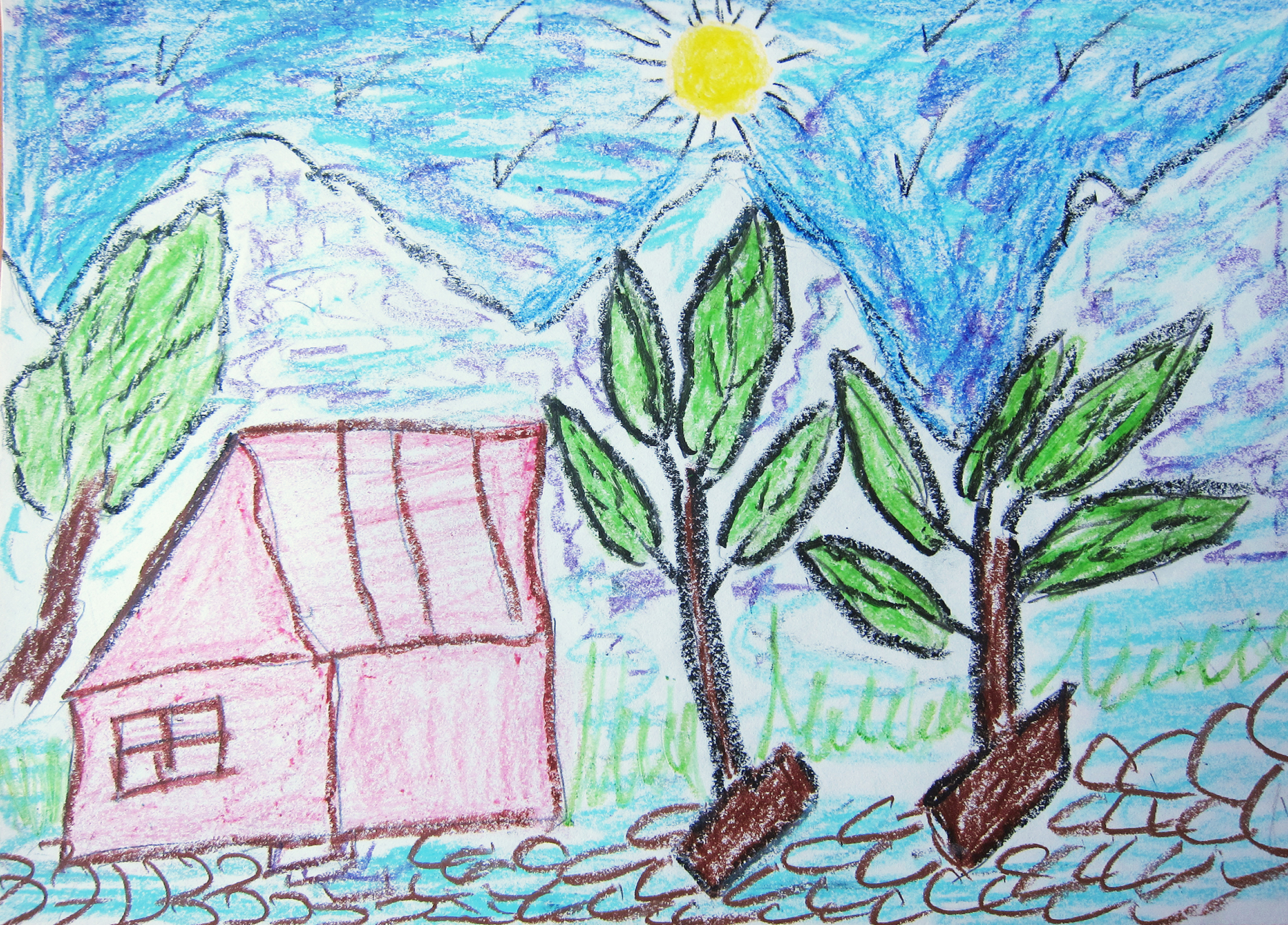Haus mit Bäumen, gezeichnet von einer Teenagerin. Nicht immer zeigen die Bilder Traumatisches.