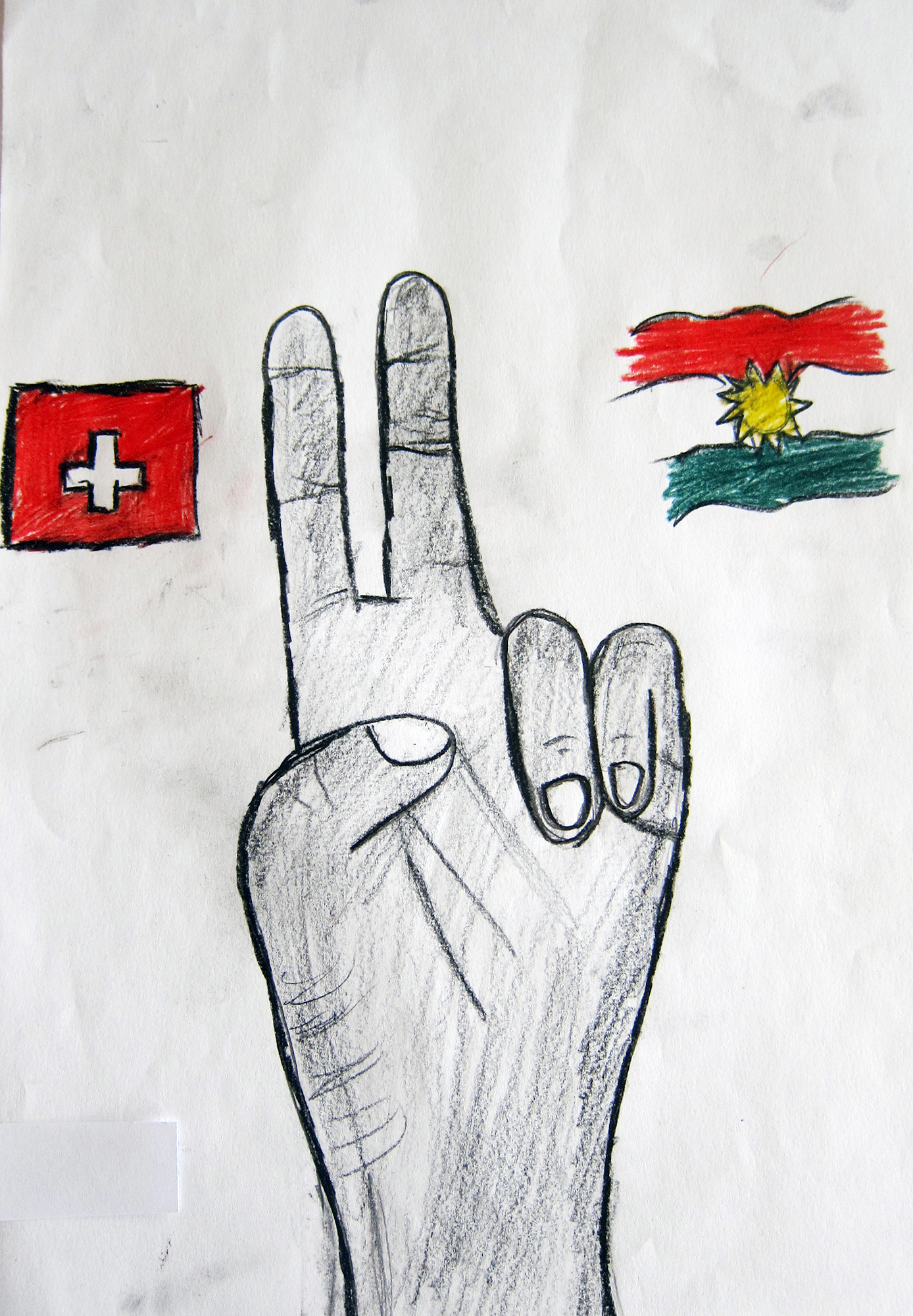 Victory-Zeichen mit Schweizer und kurdischer Flagge. Gezeichnet von einer ca. 14-jährigen kurdischen Syrerin.