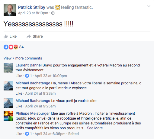 Patrick Striby teilt seine Freude über den Einzug von Macron in die zweite Wahlrunde.
