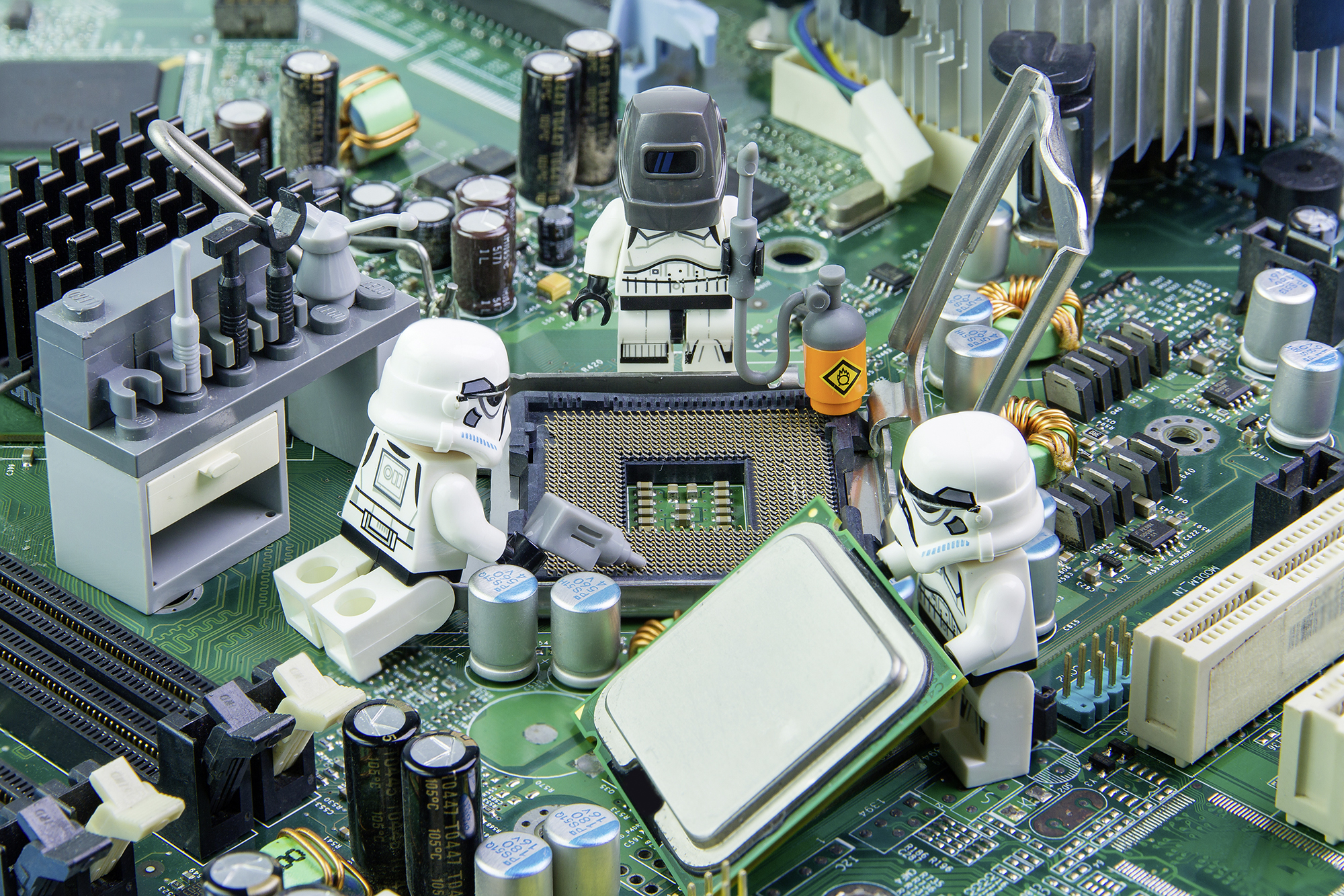 Nonthabure, Thailand - August 2, 2016: Lego star wars repairing computer motherboard.The lego Star Wars mini figures from movie series.Lego is an interlocking brick system collected around the world.