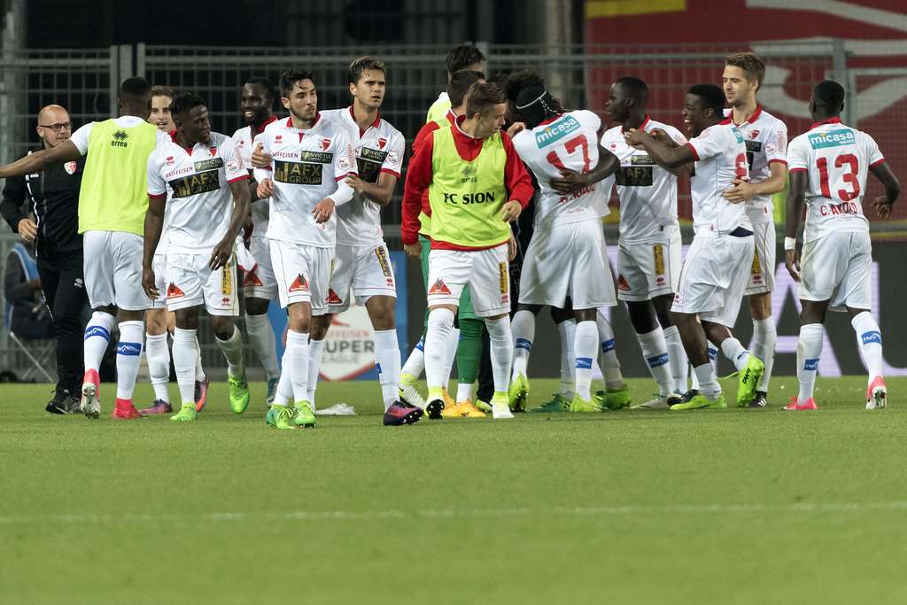 Die Sittener jubeln nach ihrem Ausgleich zum 2:2 im Fussball Meisterschaftsspiel der Super League zwischen dem FC Basel 1893 und dem FC Sion im Stadion St. Jakob-Park in Basel, am Donnerstag, 18. Mai 2017. (KEYSTONE/Georgios Kefalas)