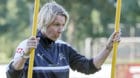 Switzerland's head coach Martina Voss-Tecklenburg, from Germany, looks on her players, during a training session of the natio