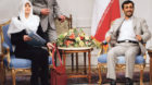 Iranian President Mahmoud Ahmadinejad, right, looks on during a meeting with Swiss Foreign Minister Micheline Calmy-Rey, left