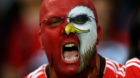 A Benfica supporter, his face painted with the team's mascot eagle, shouts during during their Portuguese league soccer match