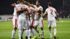 Swiss forward Haris Seferovic, left, celebrates after scoring the goal to the 0:1 with teammates during the 2018 Fifa World C