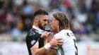 Face to face between Lugano's player Armando Sadiku, left, and Basel's player Michael Lang, right, during the Super League so