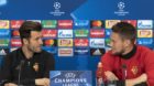 Basel's head coach Raphael Wicky, left, and goalkeeper Tomas Vaclik, right, attend a press conference the day before the UEFA