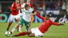 Switzerland's defender Manuel Akanji, right, tackles Northern Ireland's midfielder Jamie Ward, left, during the 2018 FIFA Wor