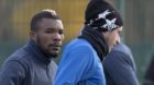 Basel's Geoffroy Serey Die, left, and Luca Zuffi, right, during a training session the day before the UEFA Champions League G